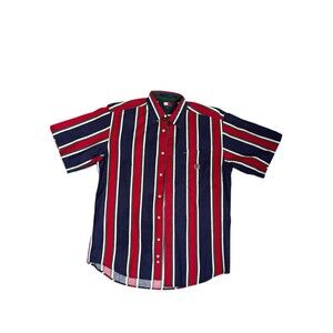 Vintage Tommy Hilfiger Striped Short Sleeve Button-Up Shirt XL Red Navy Green